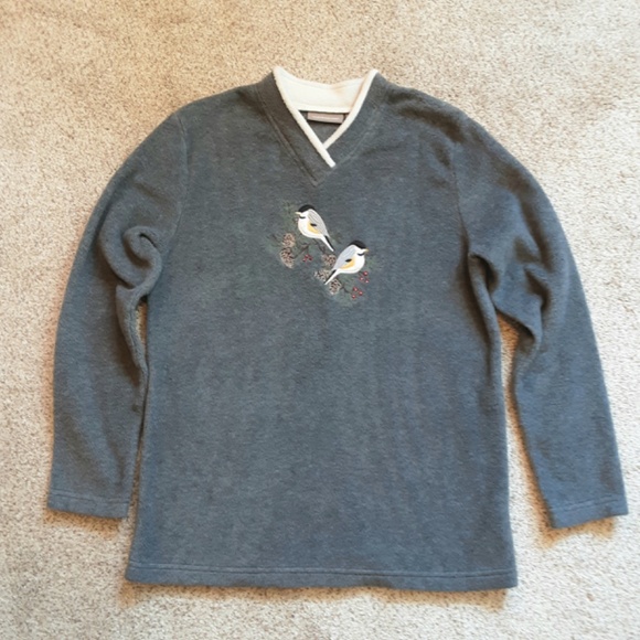 Gray Chickadee Long Sleeve V-neck Fleece Sz S - Picture 6 of 12